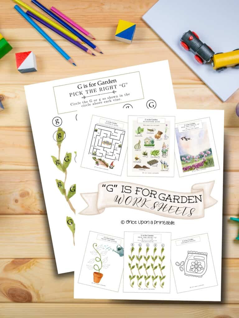 G is fore Garden worksheet unit study on a wooden table. 
