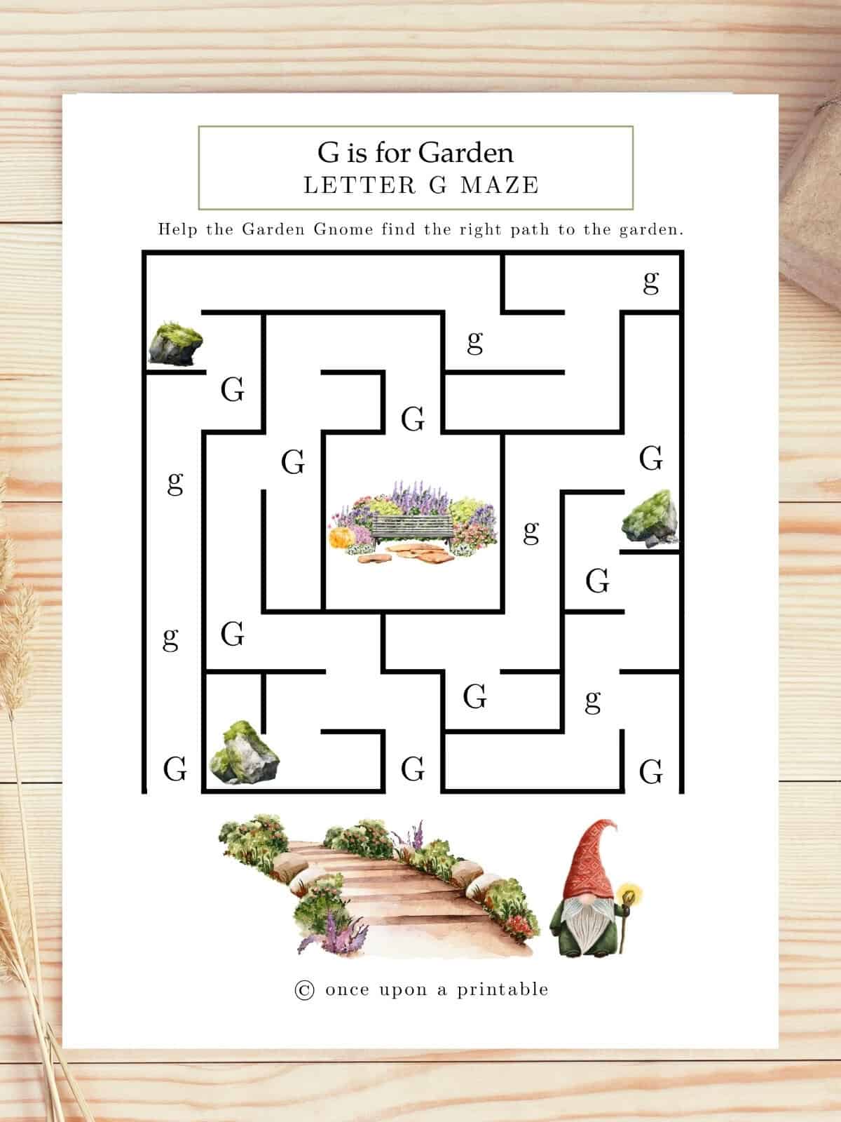 G is for garden letter G maze with a garden GNOME. 
