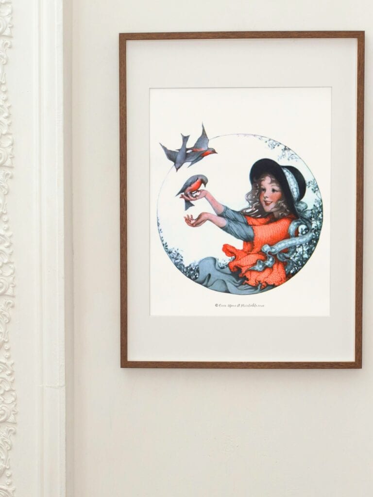 Girl with Birds for a spring vintage art print illustrated by Sarah Stilwell Weber. 