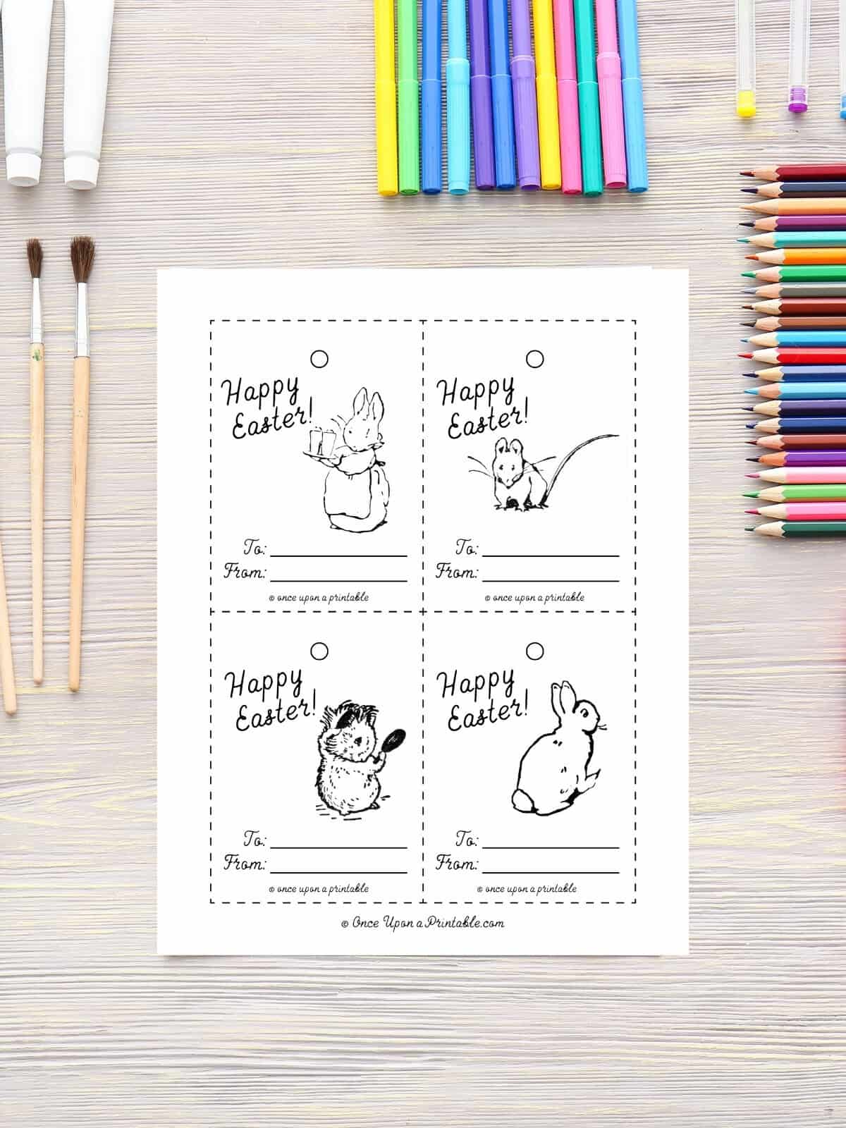 Happy Easter coloring gift tags with beatrix potter illustrations on each one.