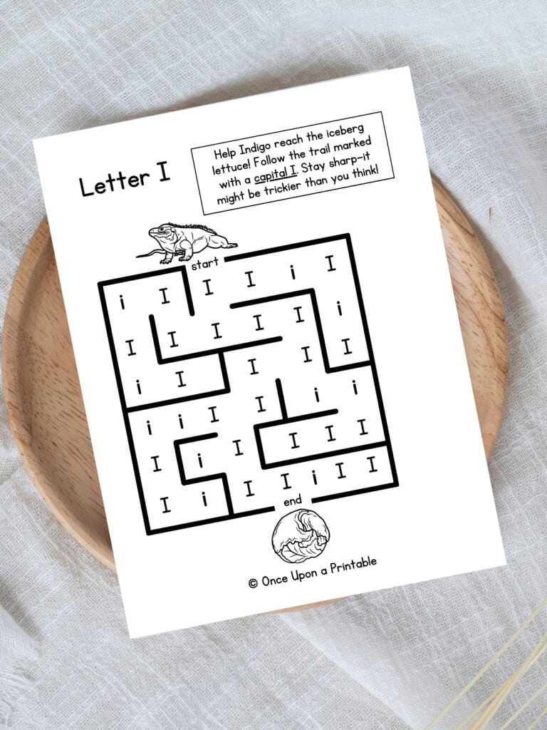I letter maze page with iguanas going to find their lettuce. 