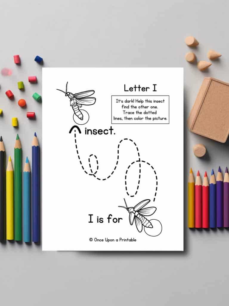I is for Insect line tracing practice worksheet with coloring pencils. 