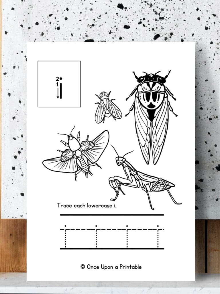 Lowercase letter i practice with insects to color.