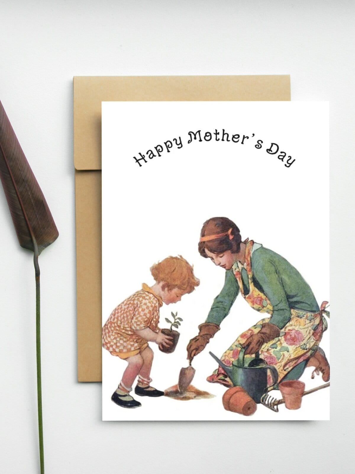 Happy Mother's Day greeting card with watercolor illustration of a mother gardening with her child.