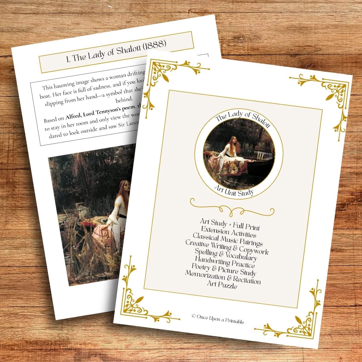 John William Waterhouse Art Unit Study with the lady of shalott painting unit study in printables on a table.