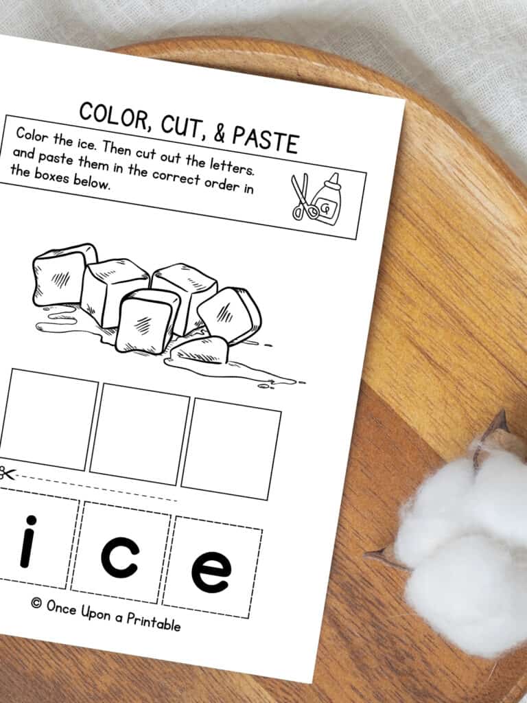 Letter I is for ice cube color, cut, and paste word worksheet. 
