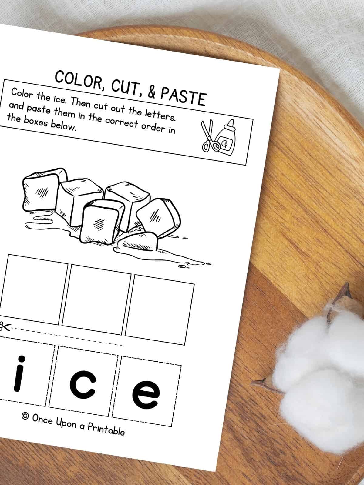 Letter I is for ice cube color, cut, and paste word worksheet. 