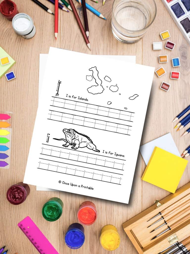 Letter I capital and lowercase letter practice with iguanas and islands. 