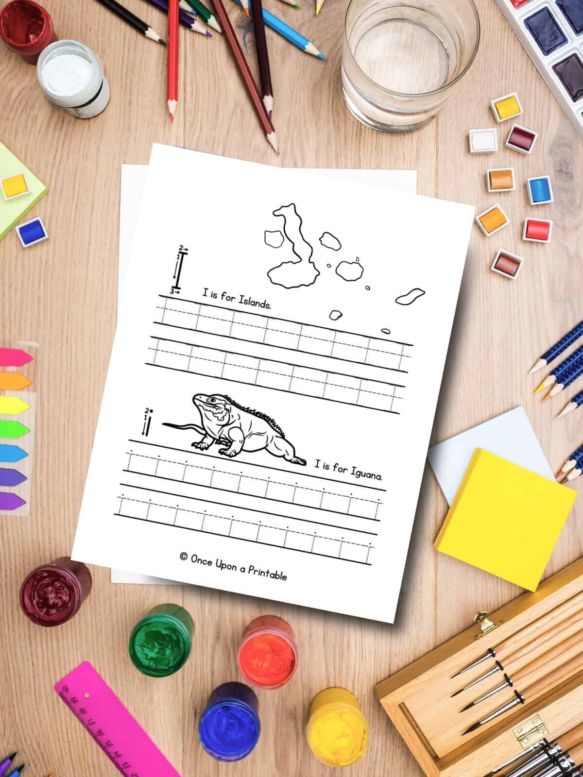 Letter I capital and lowercase letter practice with iguanas and islands. 