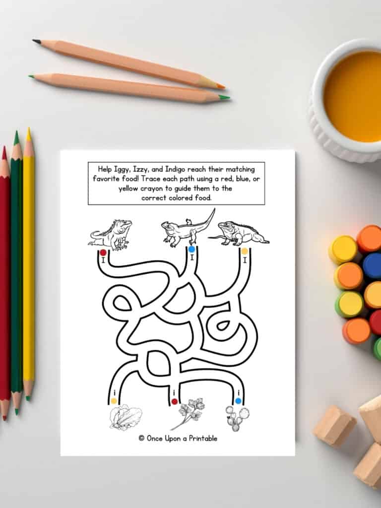 Letter I maze worksheets with Iguana going to find it's lettuce. 