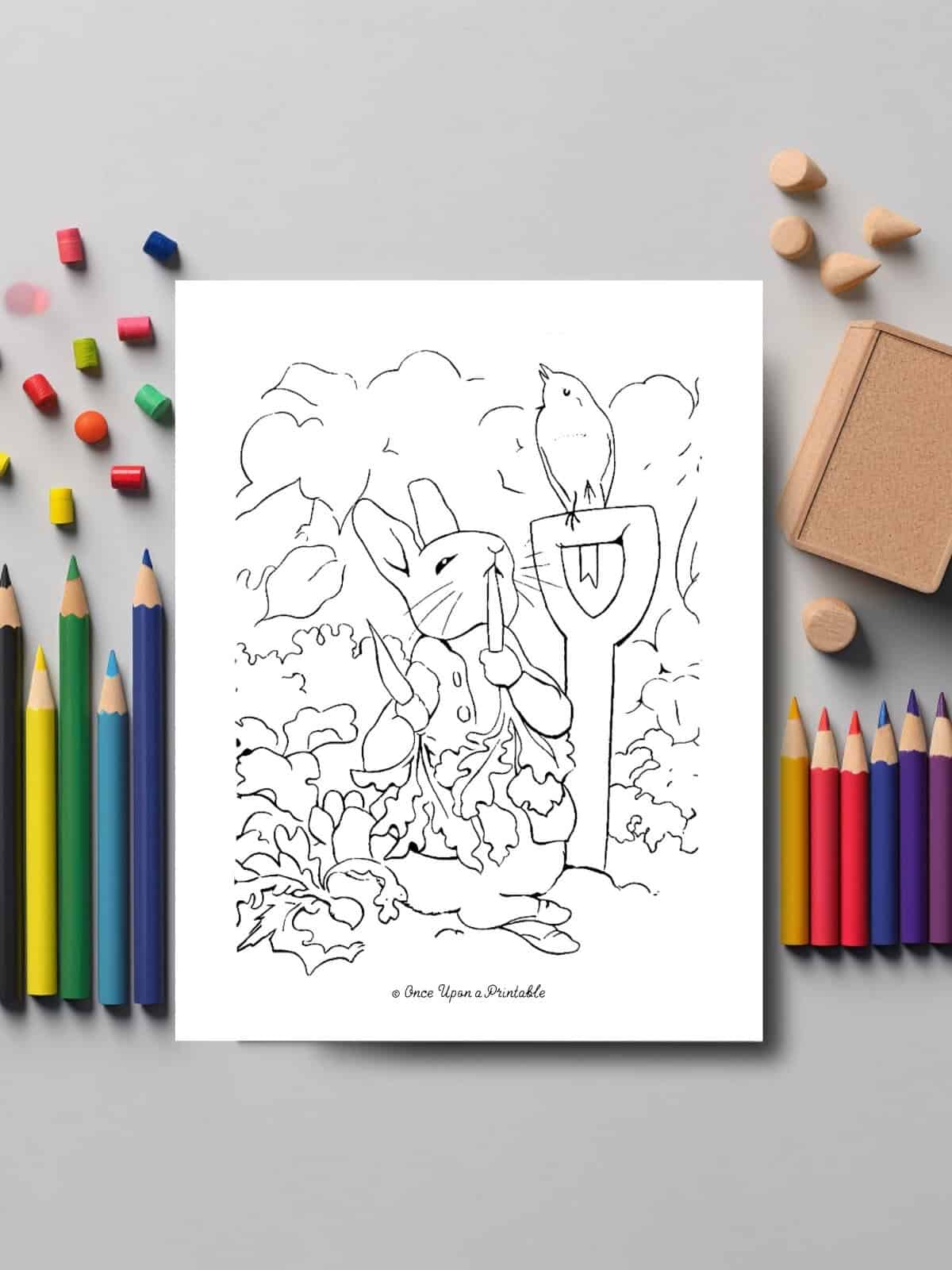 Peter Rabbit eating carrots, a coloring page laying on a table with coloring pencils. 