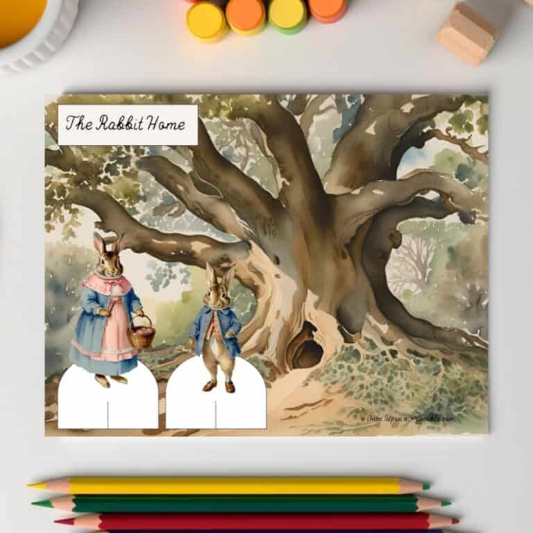 The Rabbit Home backdrop with peter rabbit and mrs. rabbit paper dolls.