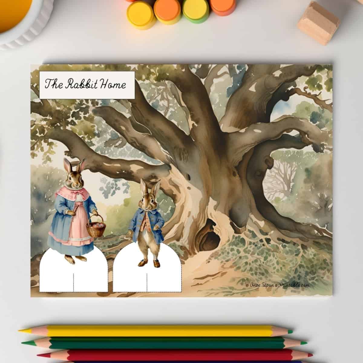 The Rabbit Home backdrop with peter rabbit and mrs. rabbit paper dolls.