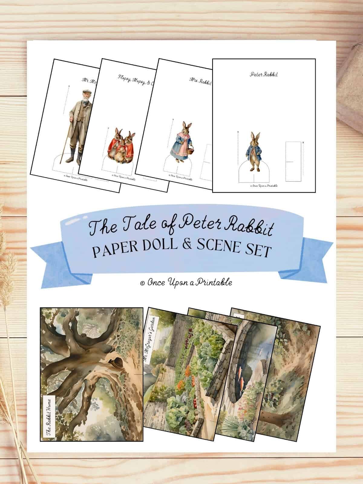 Peter Rabbit paper doll set cover page laying on a wooden table. 