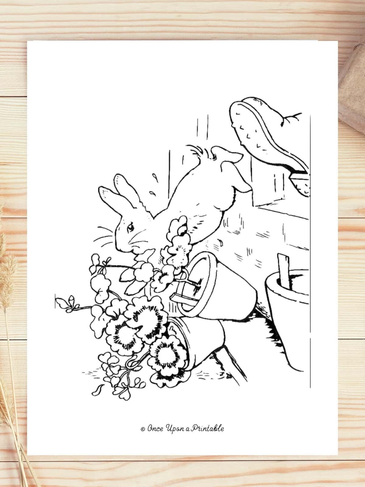 A coloring page of Peter Rabbit being kicked out of the garden shed by Mr. McGregor's boot.
