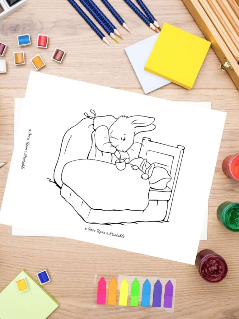 Coloring page of 
Peter Rabbit in bed with a tummy ache being served tea by Mrs. Rabbit, laying on a wooden table