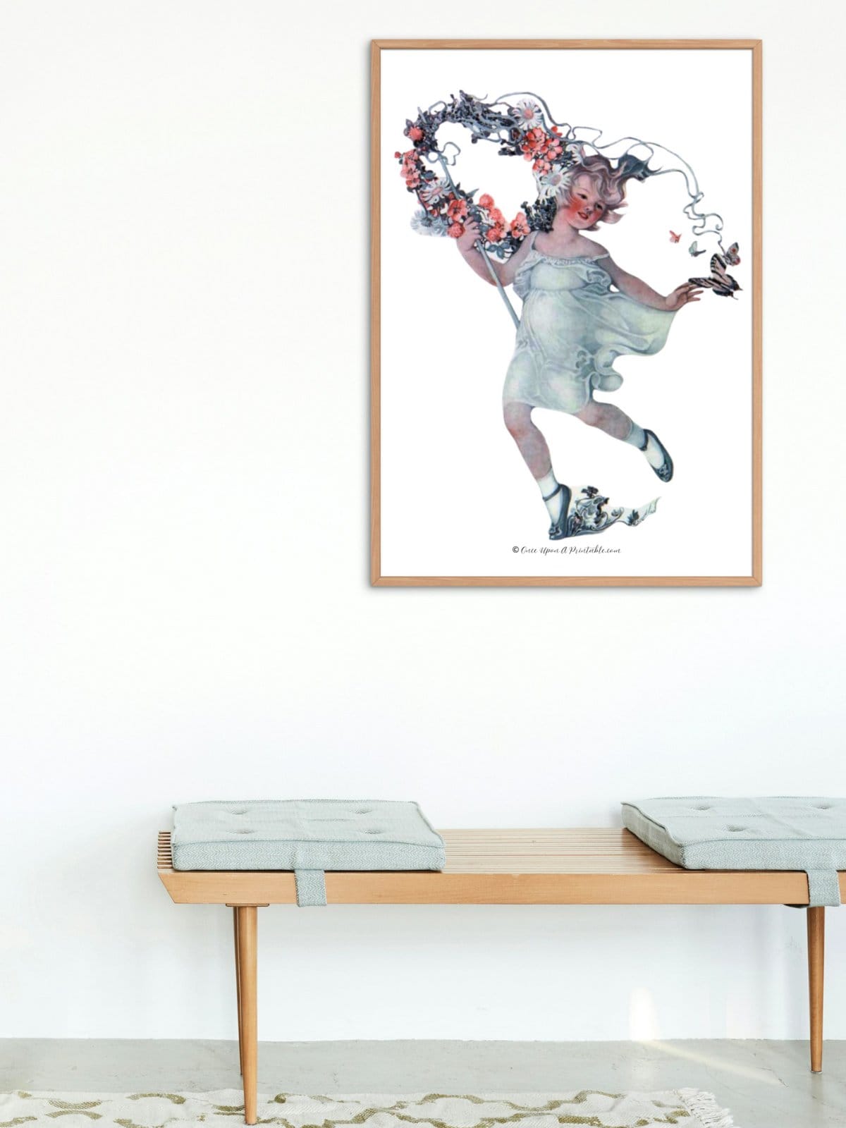 Little girl running with flowers and butterflies, framed art print for spring. 