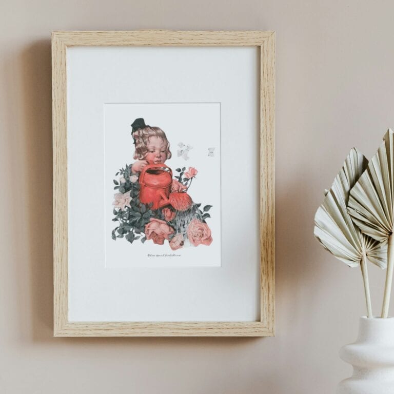 Spring illustrations by Sarah Stilwell Weber with a little girl watering her roses framed.