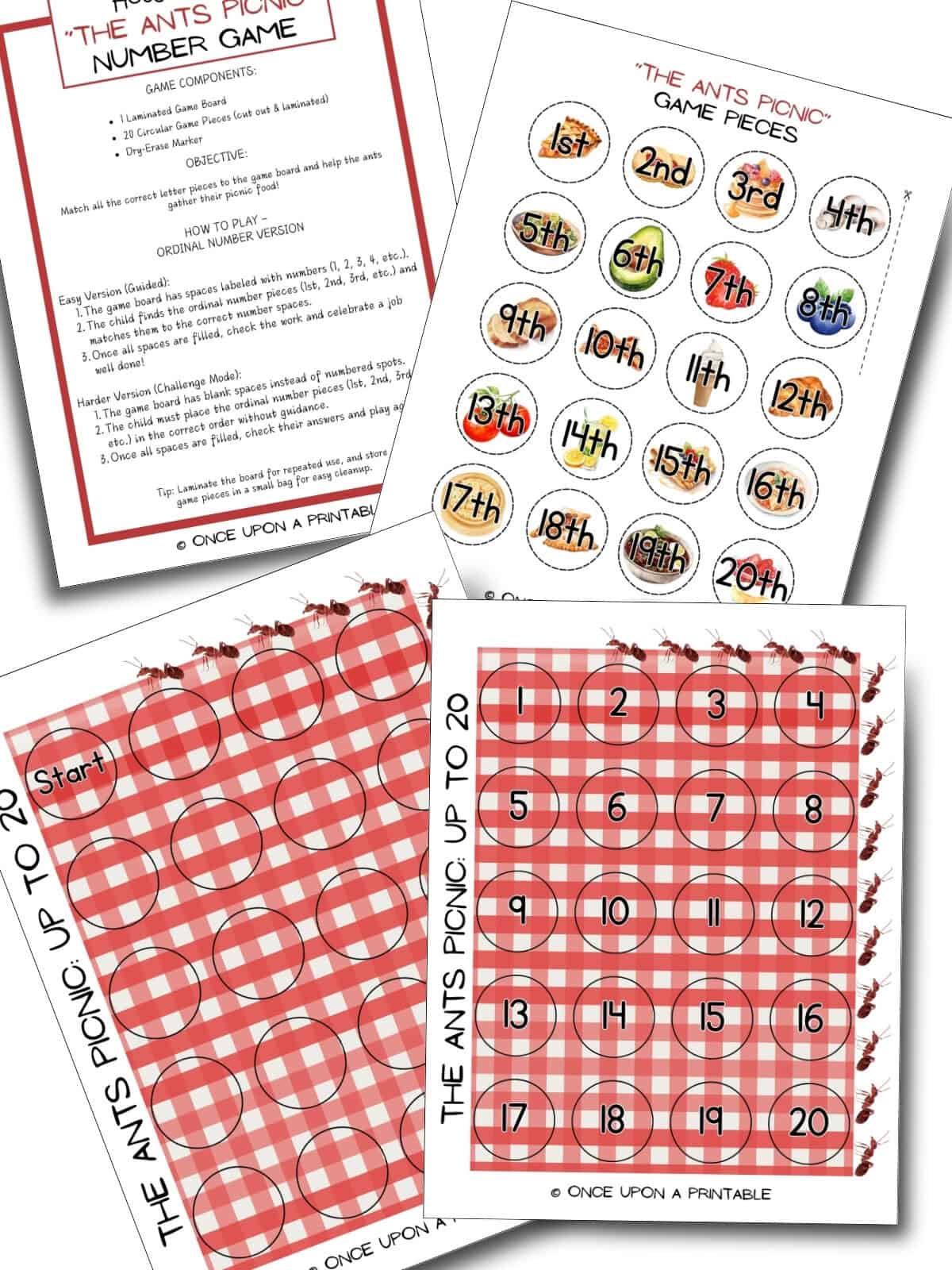 The Ants picnic number game set with bright red checkered patterns.