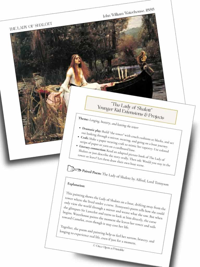The Lady of Shalott painting with extension ideas for younger children, including a painting explanation.