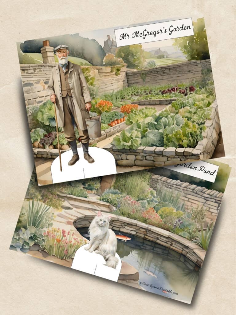 The tale of Peter Rabbit paper doll set with Mr McGregor and his garden and the white cat and the pond. 
