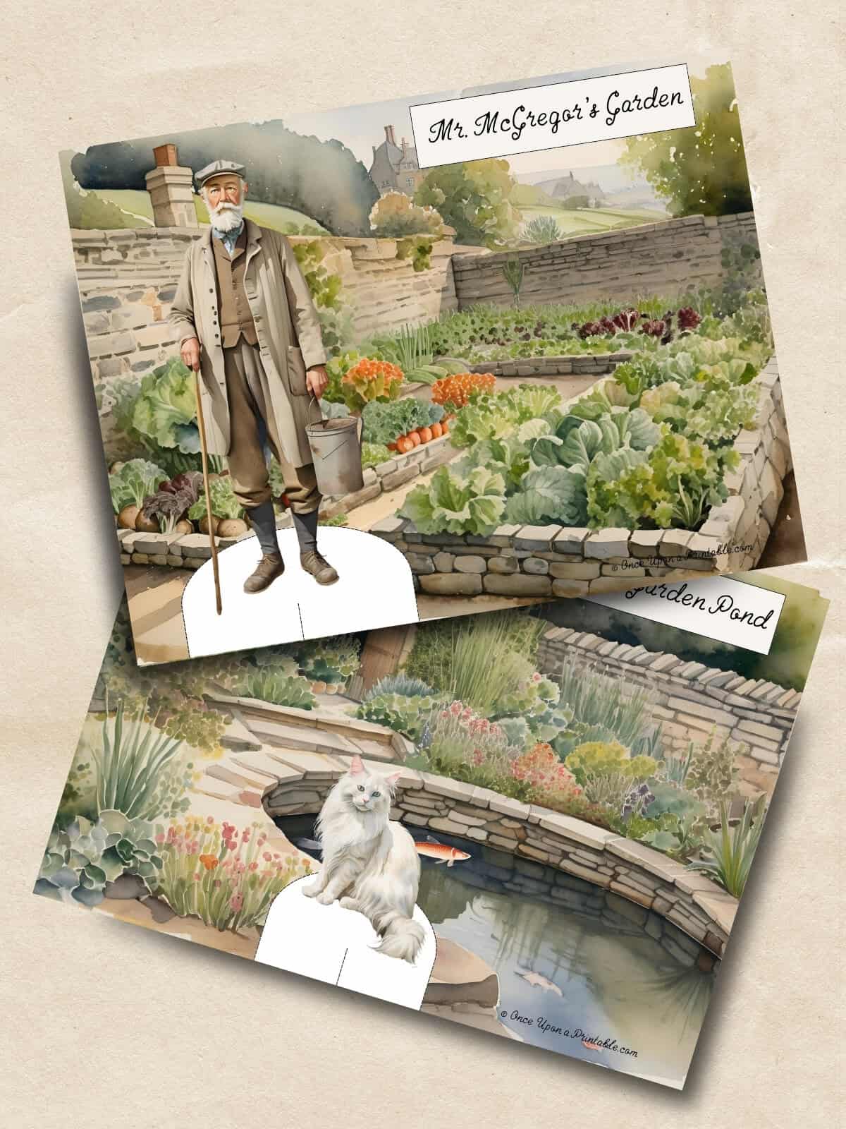 The tale of Peter Rabbit paper doll set with Mr McGregor and his garden and the white cat and the pond. 