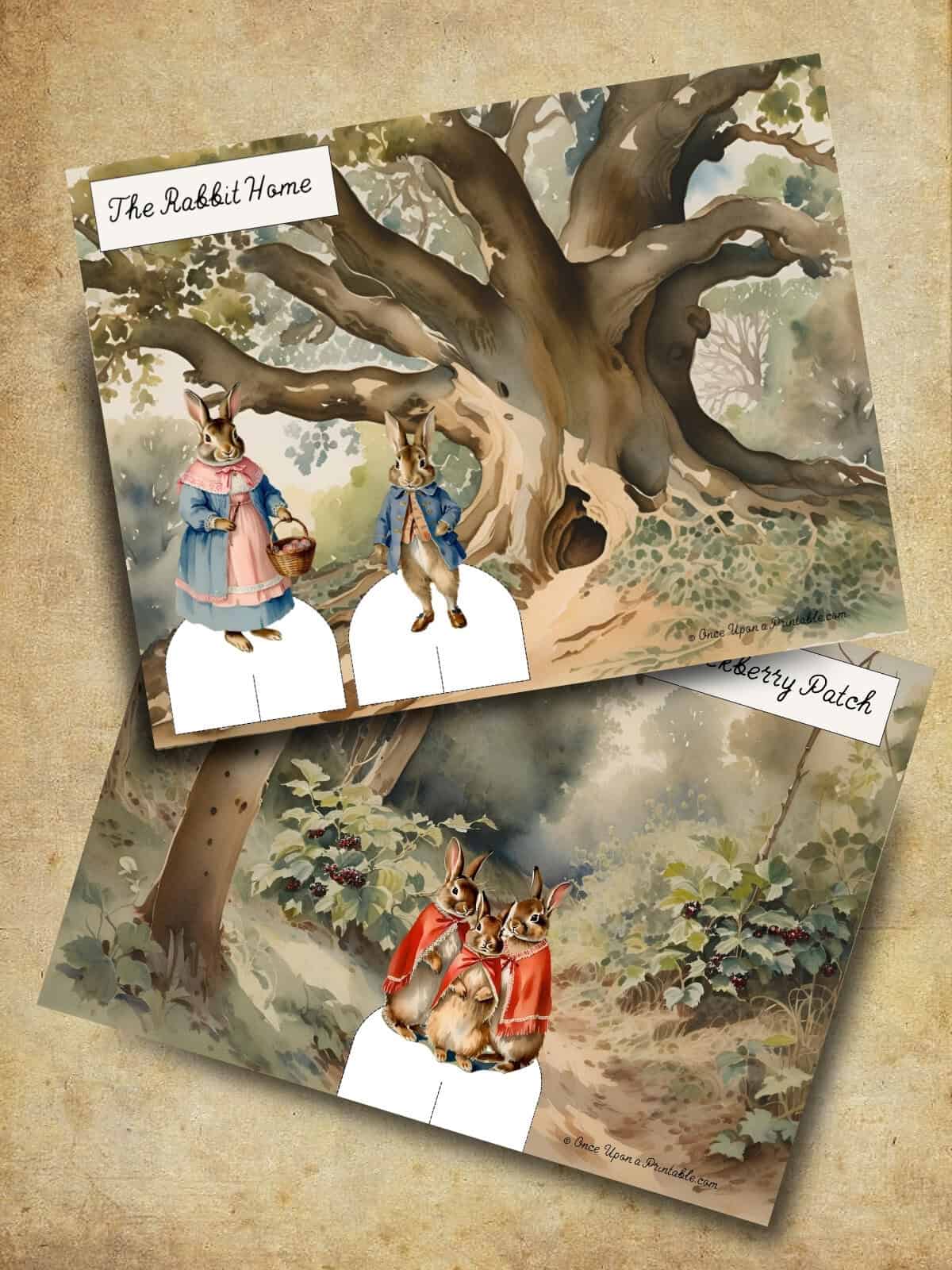 The tale of Peter Rabbit paper scene examples with the rabbit home and blackberry patch.