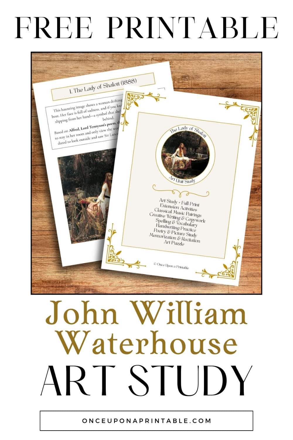 John William Waterhouse Art Unit Study with the lady of shalott painting unit study in printables on a table.