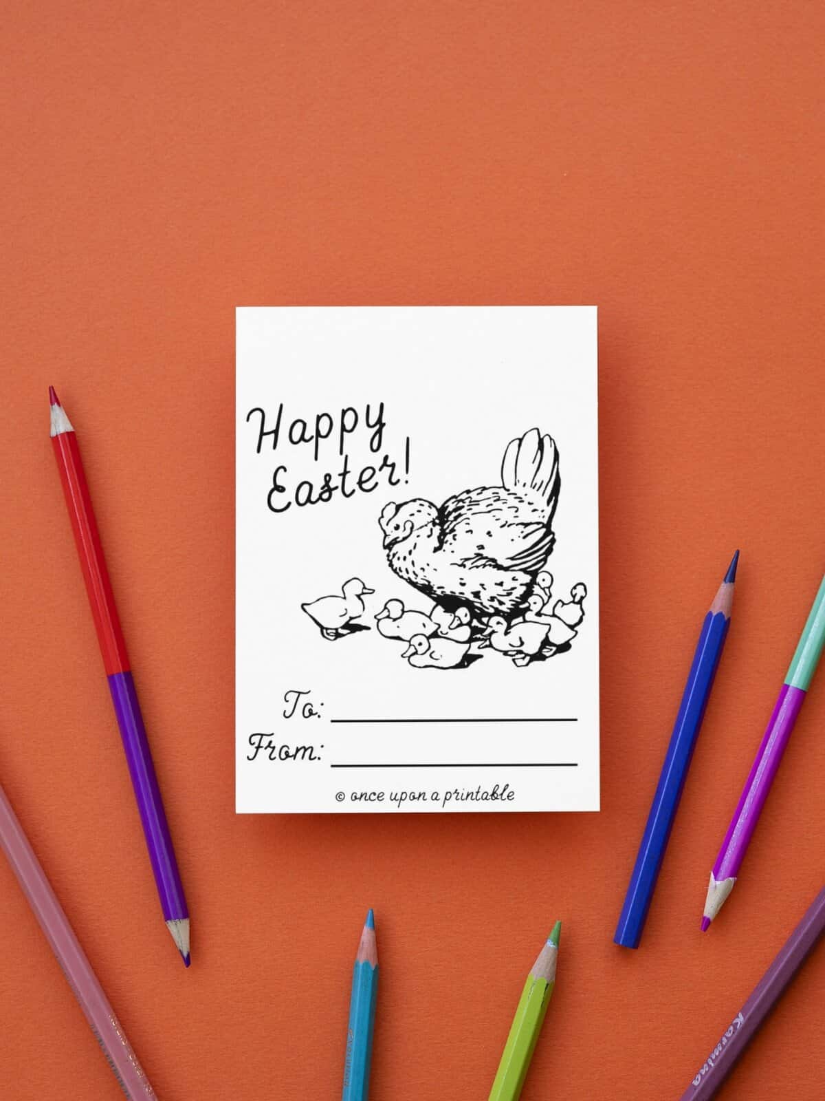 Henny Penny and ducklings coloring card for Easter on an orange background.