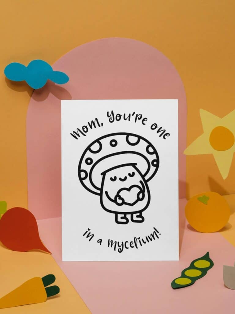 Mushroom "mycelium" punny mother's day card for coloring on a fun kid background.
