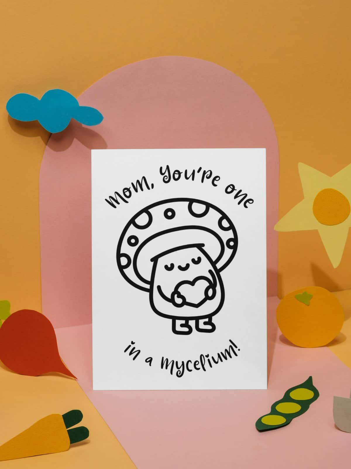 Mushroom "mycelium" punny mother's day card for coloring on a fun kid background.