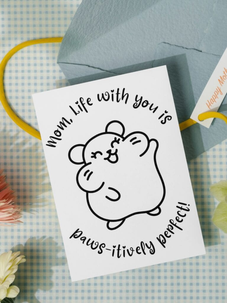 Paw-sitively awesome Mother's day card for coloring on a blue checkered background.