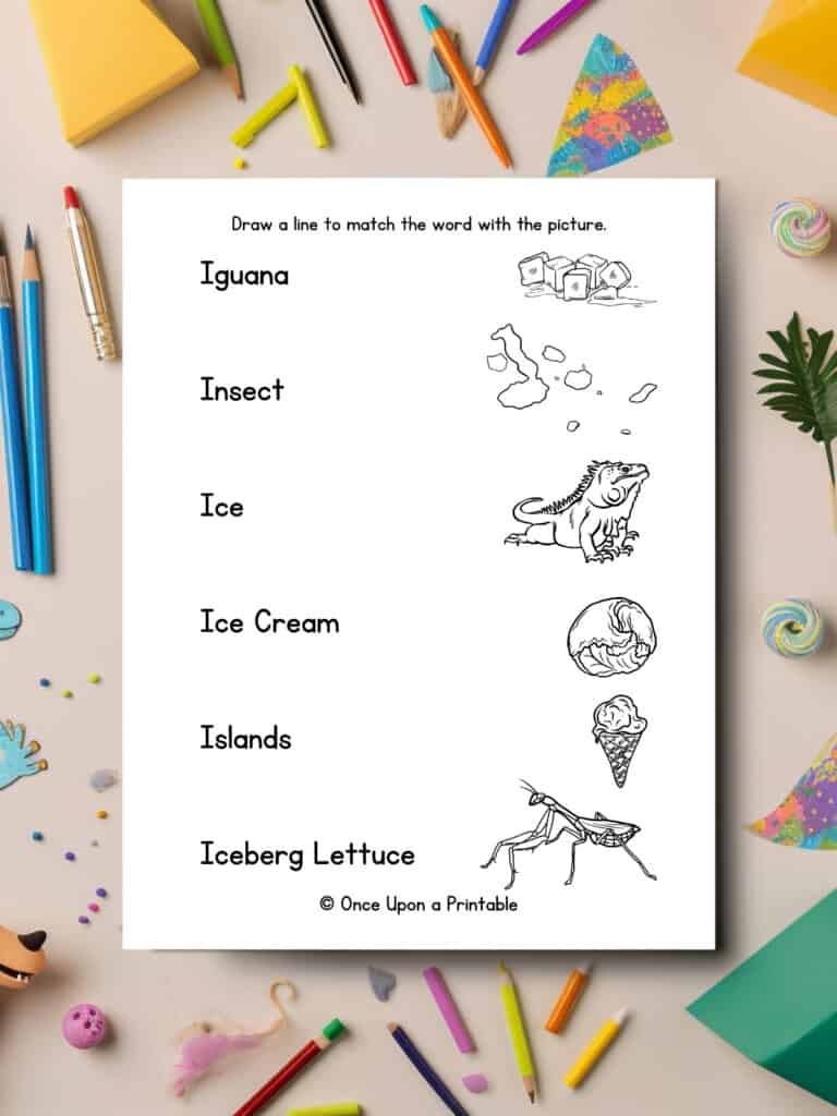 Picture and word matching for the Letter I. 