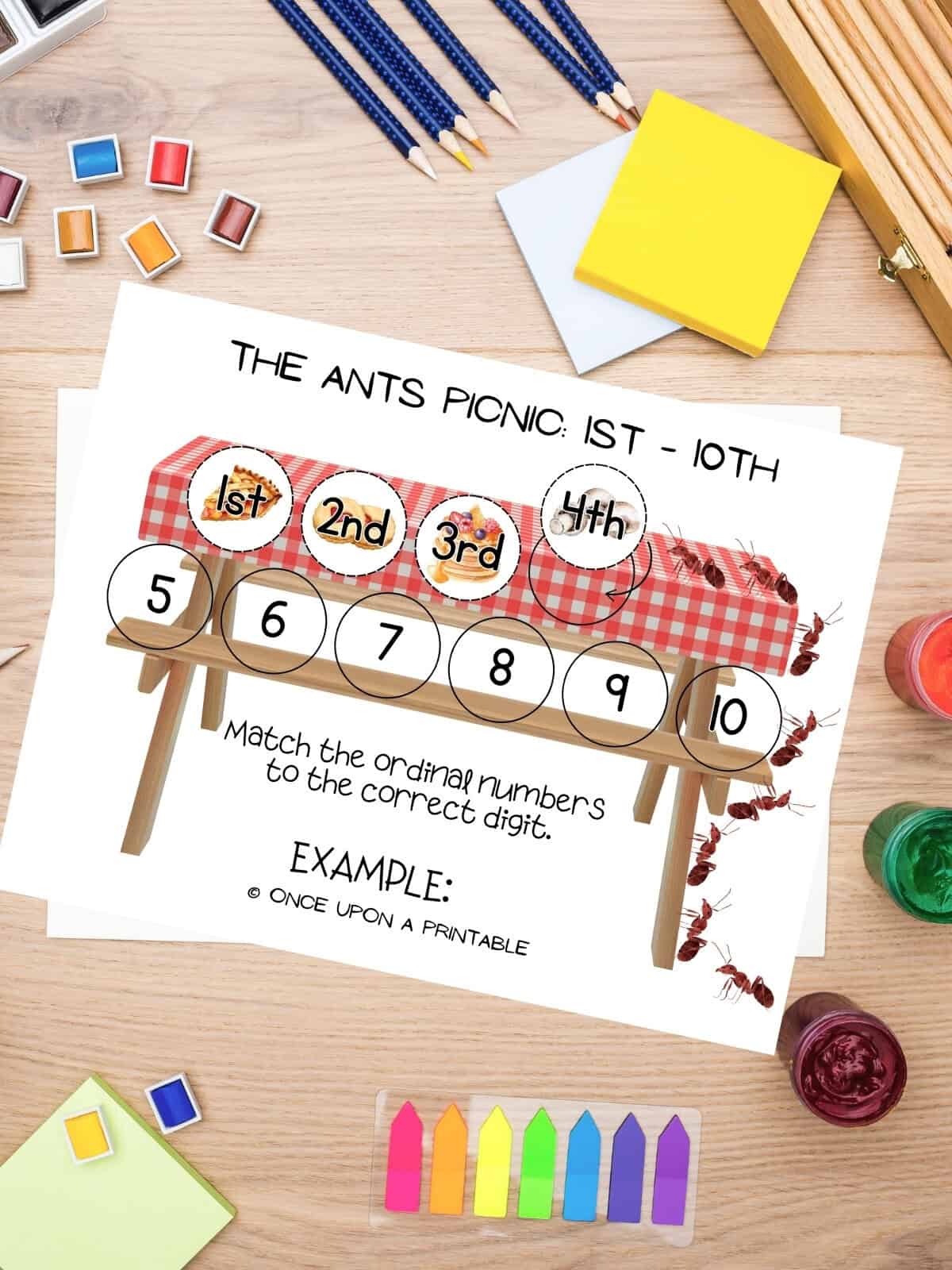 The Ants picnic ordinal numbers game board.