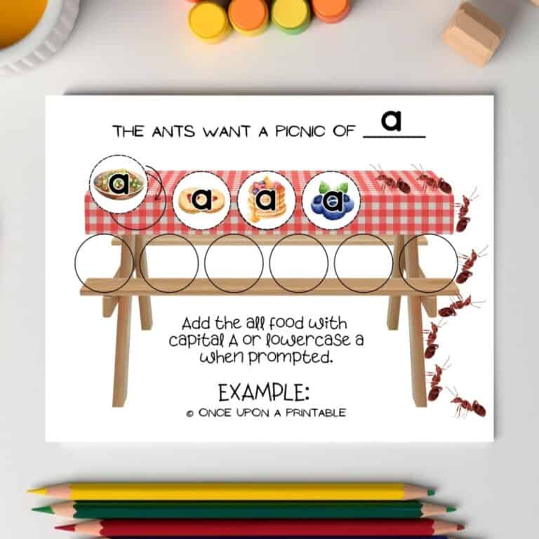 The Ants picnic game boa rd with lowercase a game pieces for example.