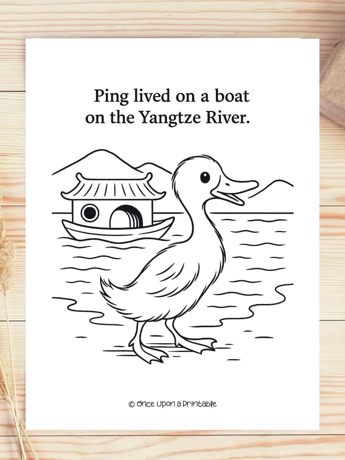 the story of ping coloring page on a wooden table. 