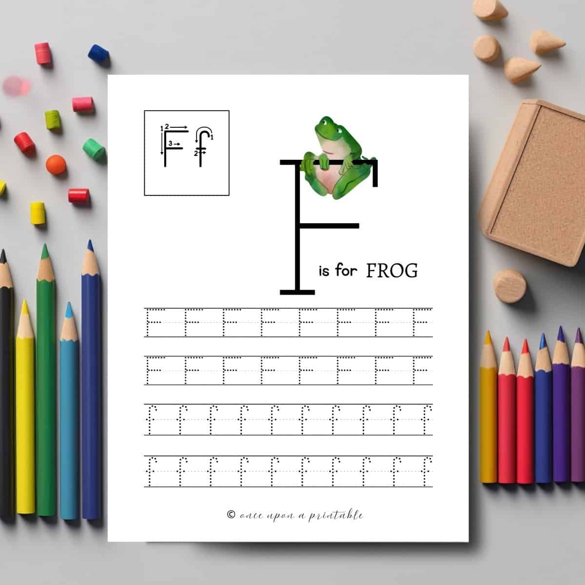F is for frog, letter tracing worksheet.