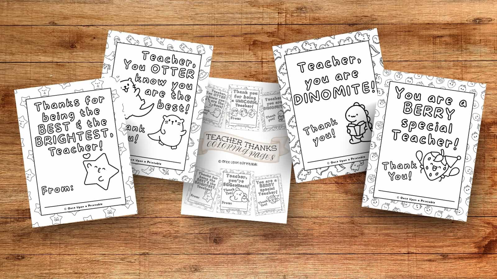 Teacher appreciation coloring pages on a wooden background. 