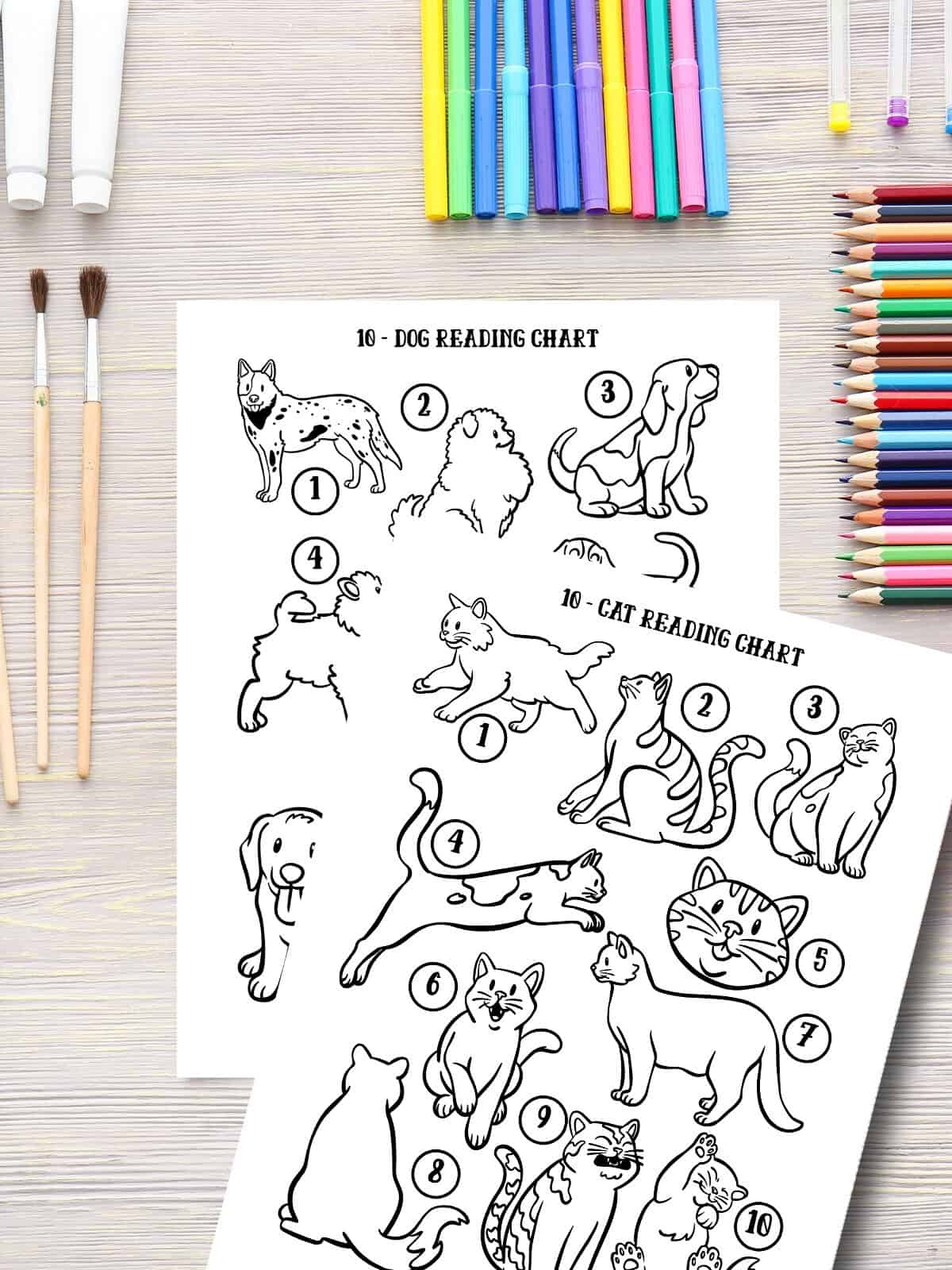 Cat and dog reading charts for kids to color in.