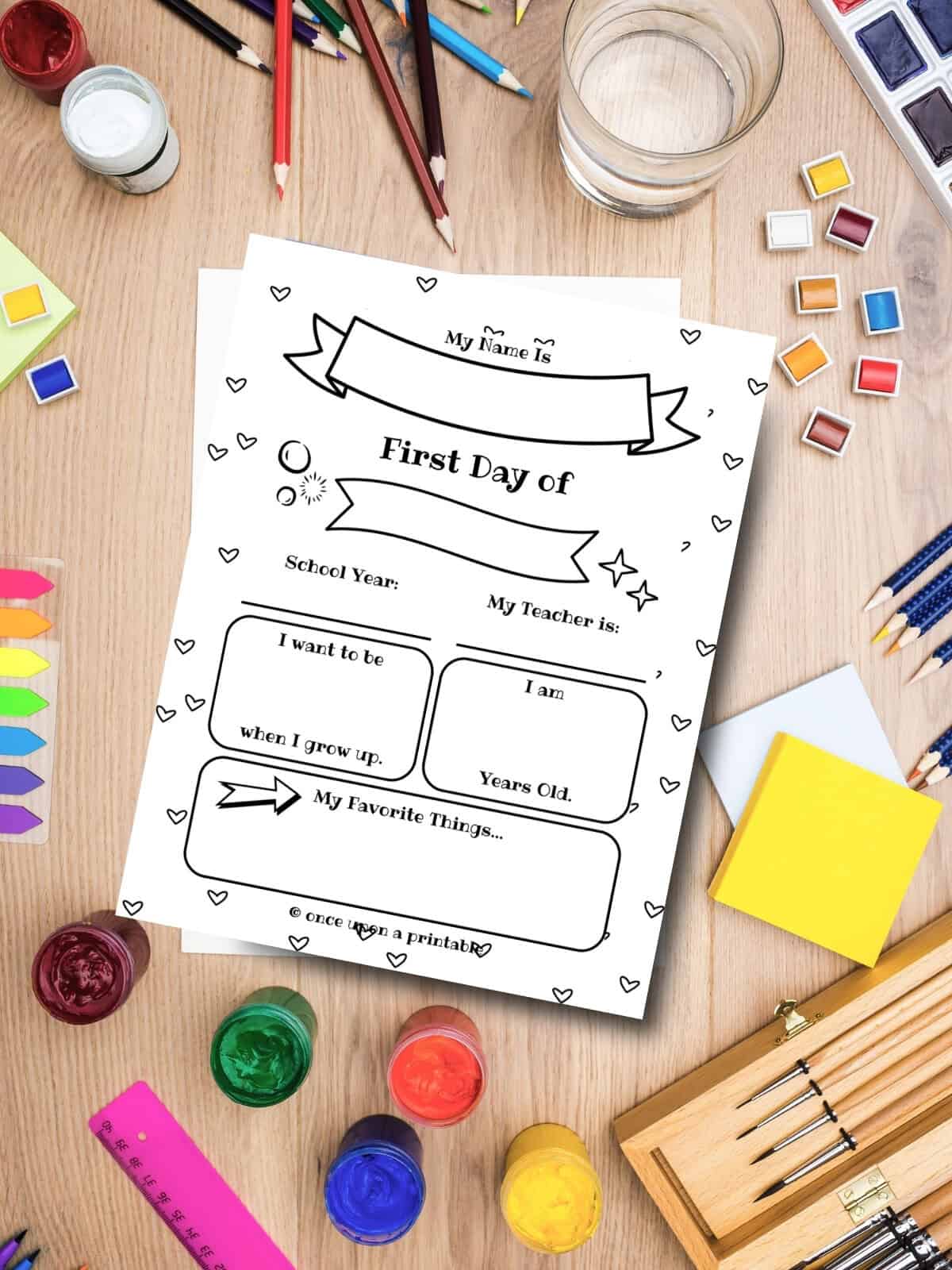 First day of school printable "all about me" worksheet with hearts
