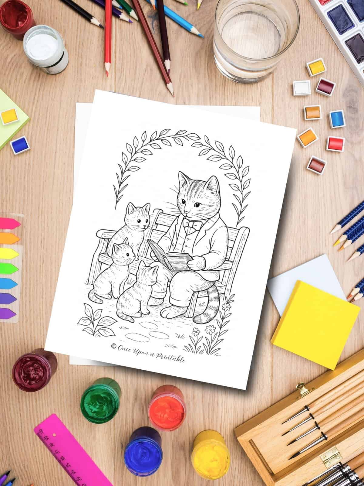 Father's day cat and kittens coloring page.