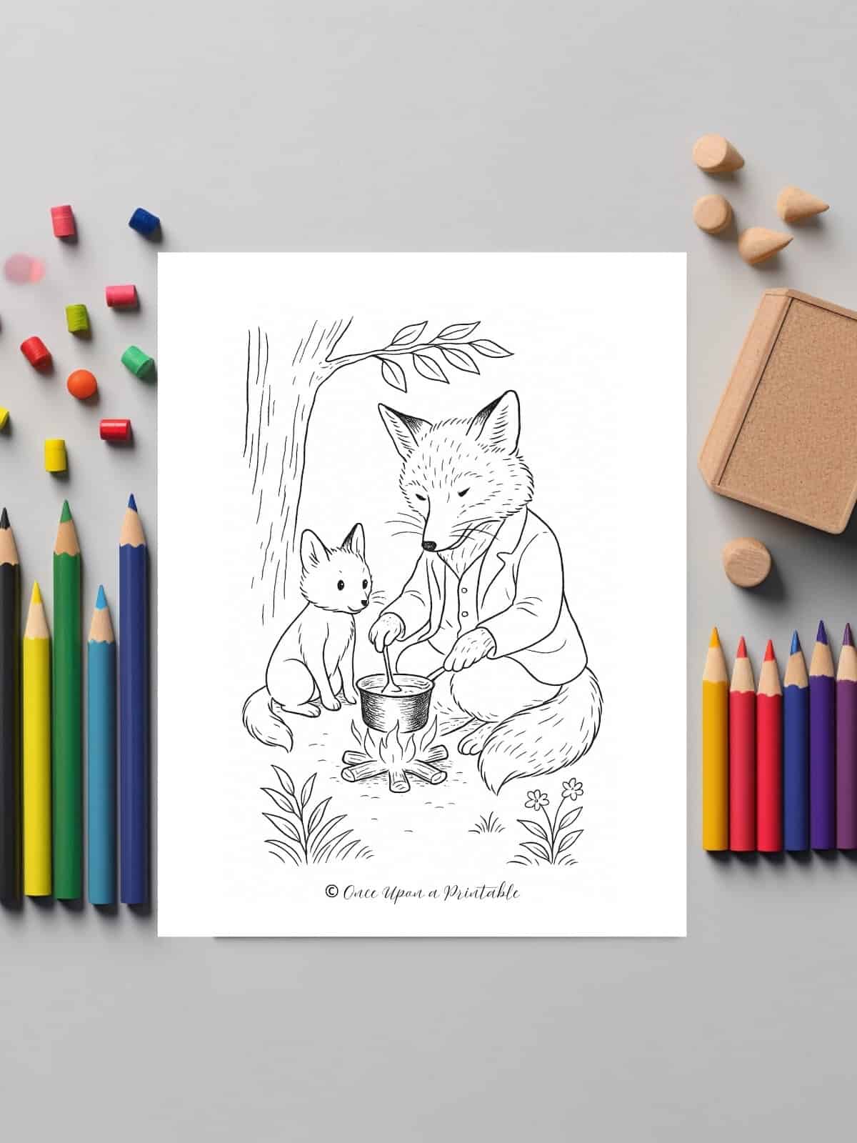 Father's day coloring page with a father Fox and kit cooking at a campfire.