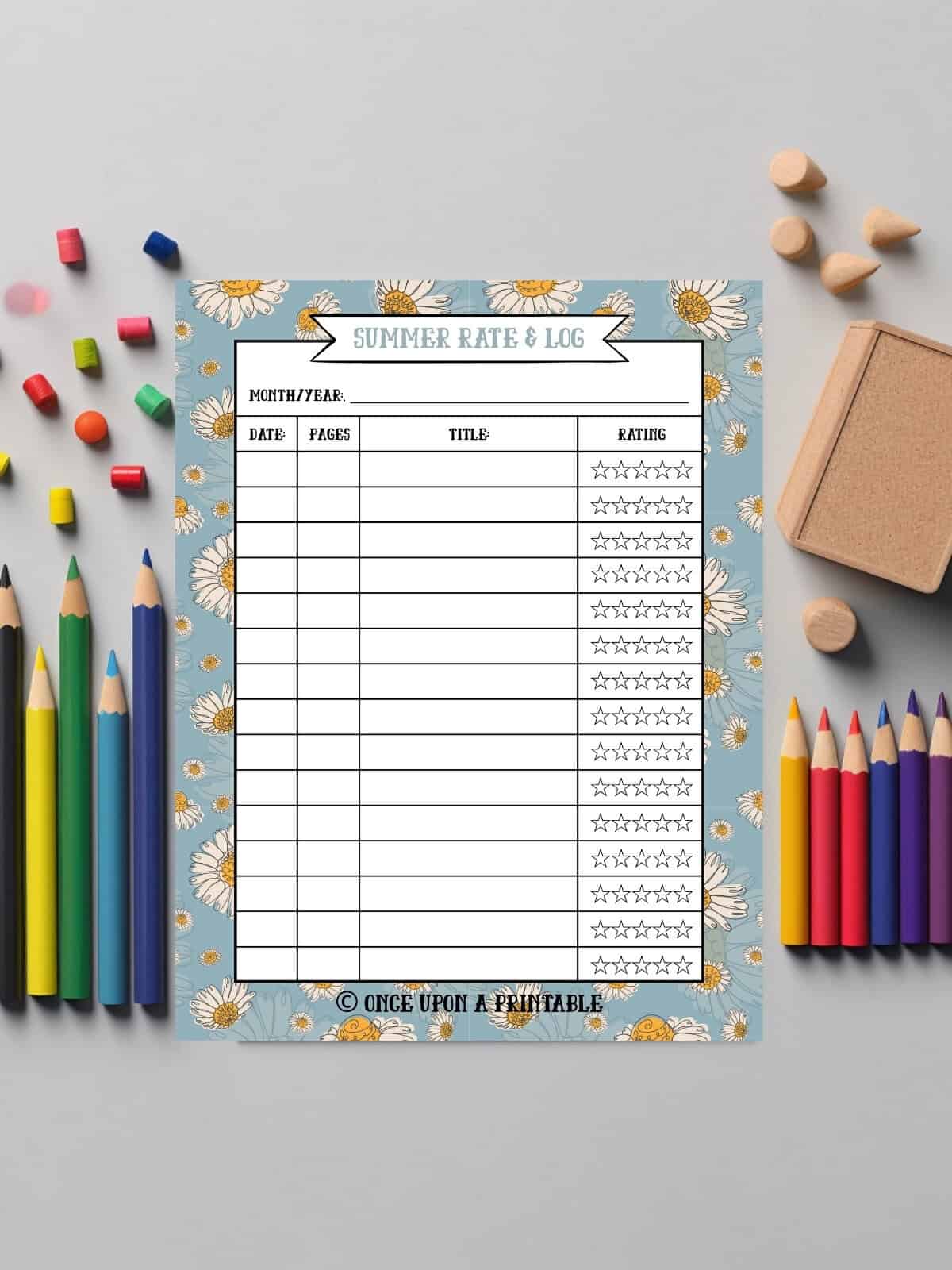 Summer reading log with star rating with flowers. 