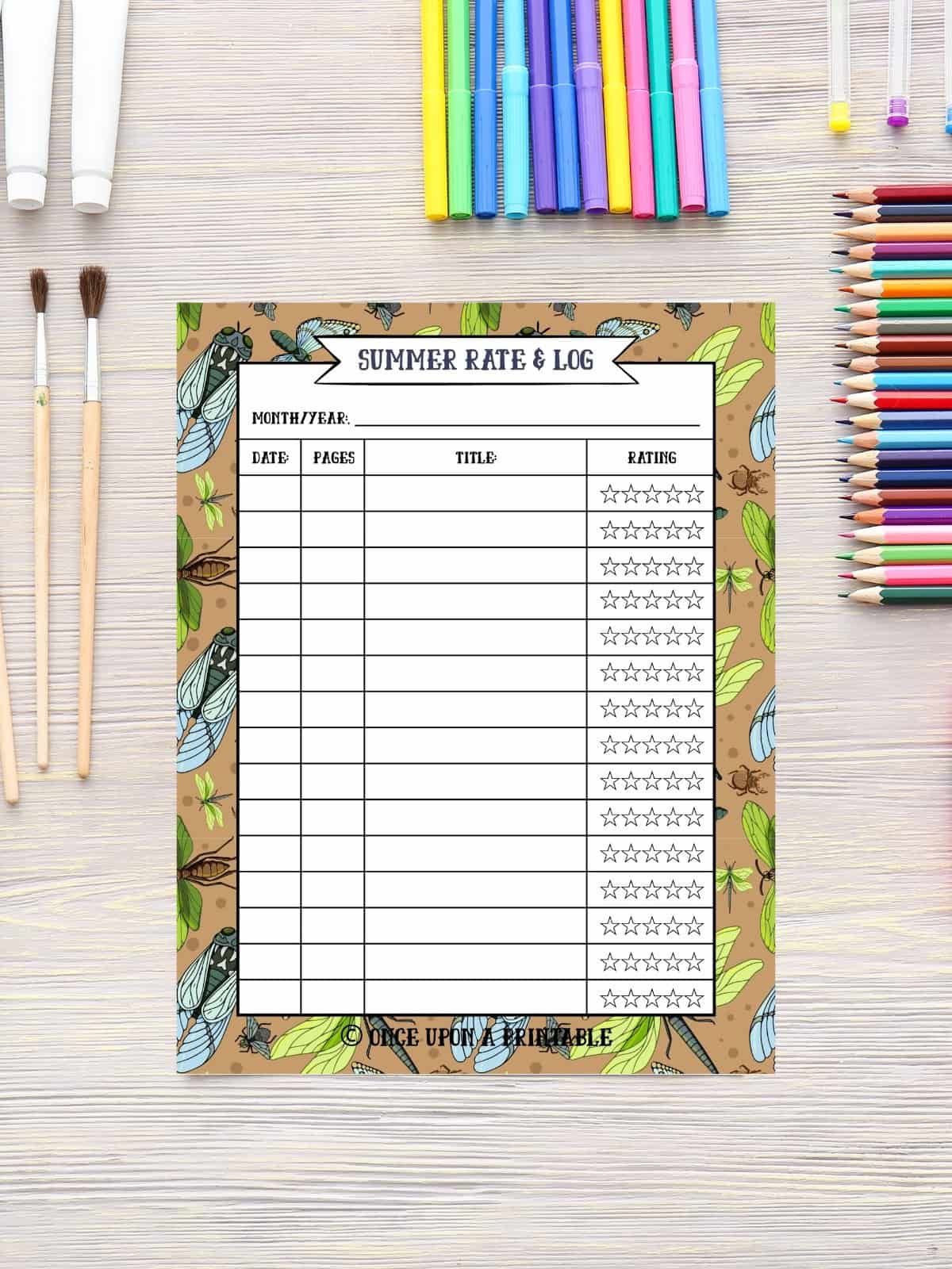 Summer reading log with star rating, bug pattern. 