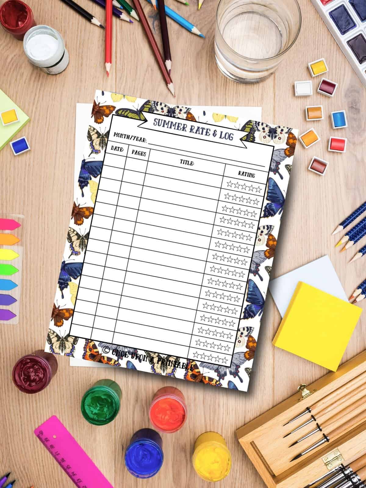 Summer reading log with star rating, butterflies pattern. 