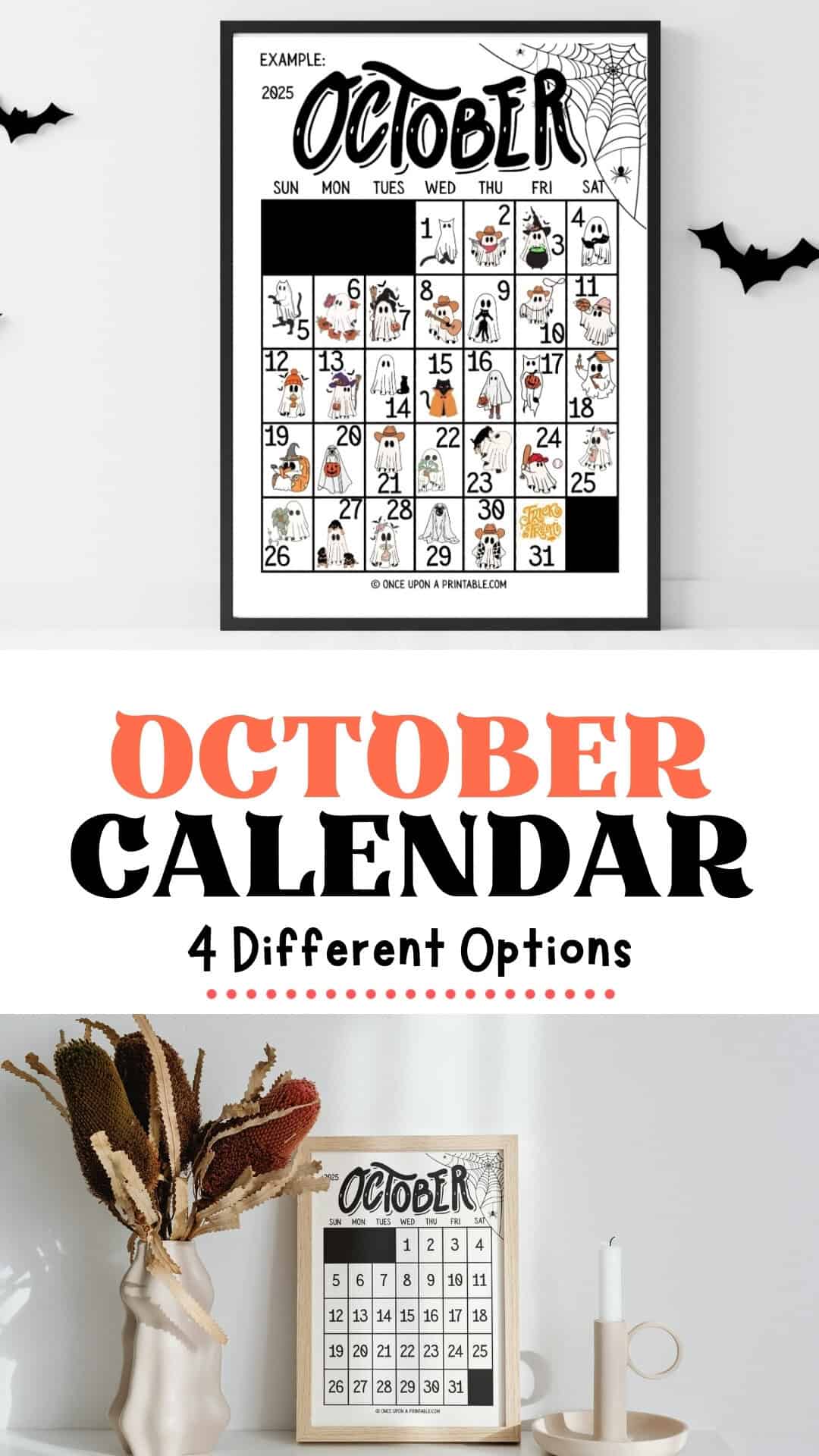 October calendar for 2025 with Halloween themes. 