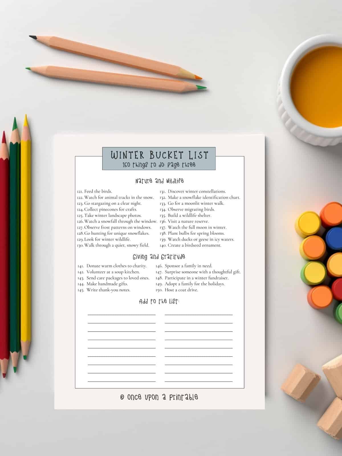 Winter bucket list with 150 items on it, plus a place to customize. 