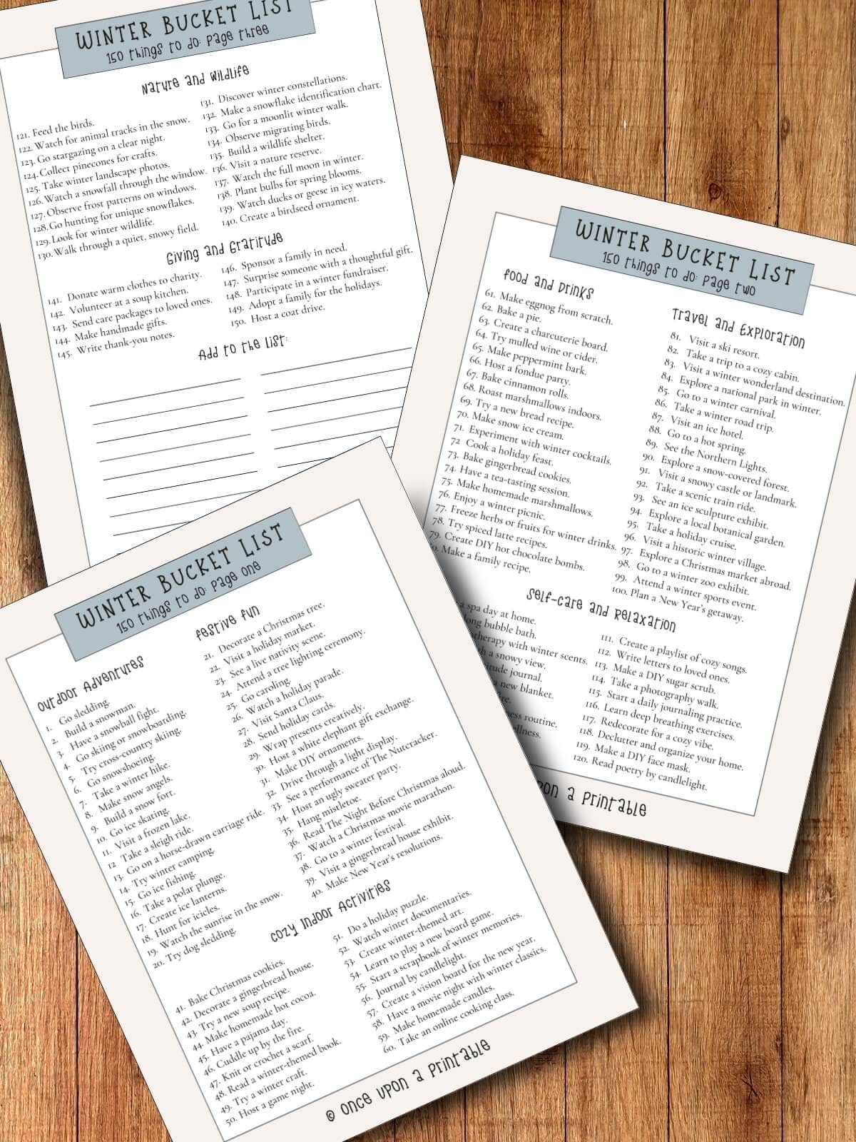 Winter bucket list with 150 items on a list with a custom space.