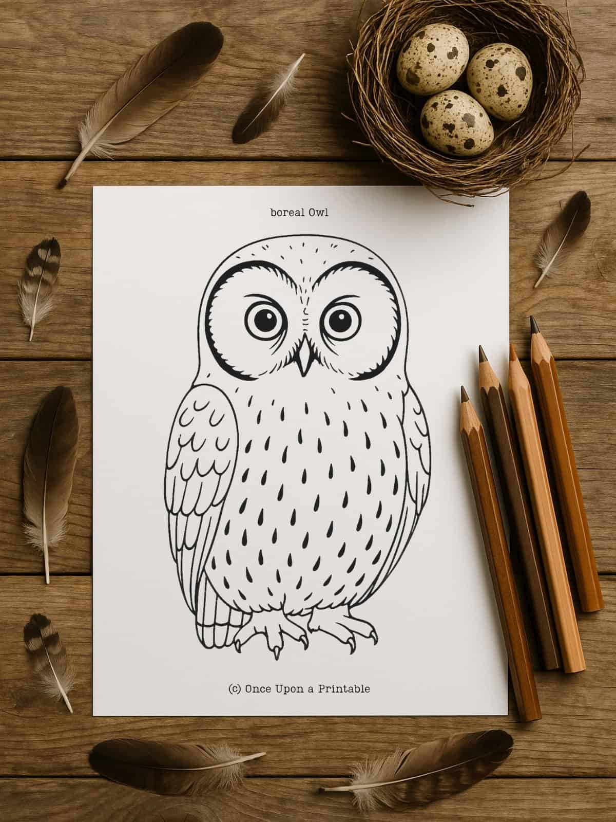 Boreal owl template with colored pencils.