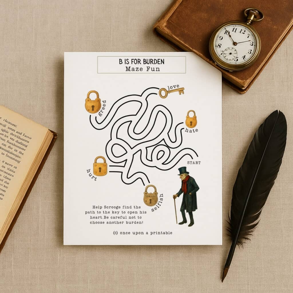 A Christmas Carol worksheet with Scrooge.